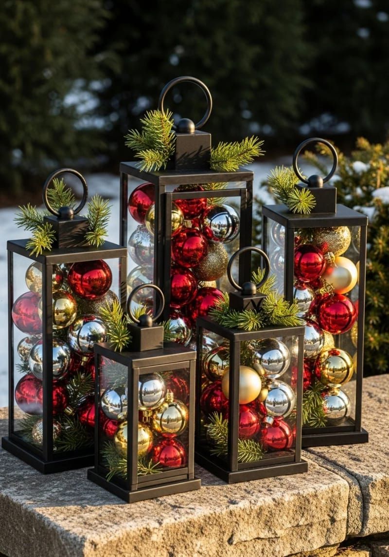 black lanterns filled with ornaments and pine sprigs 1