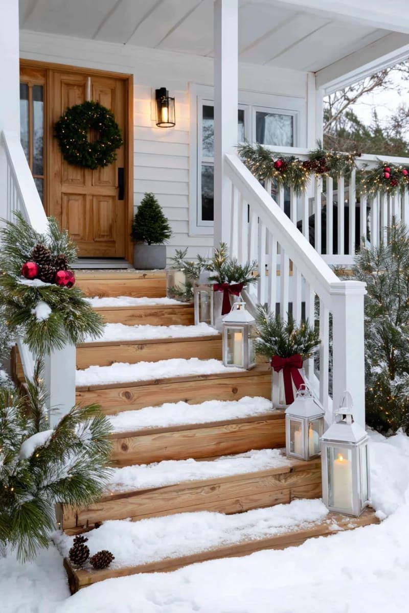 candlelit lanterns surrounded by frosted ornaments on wooden steps 1
