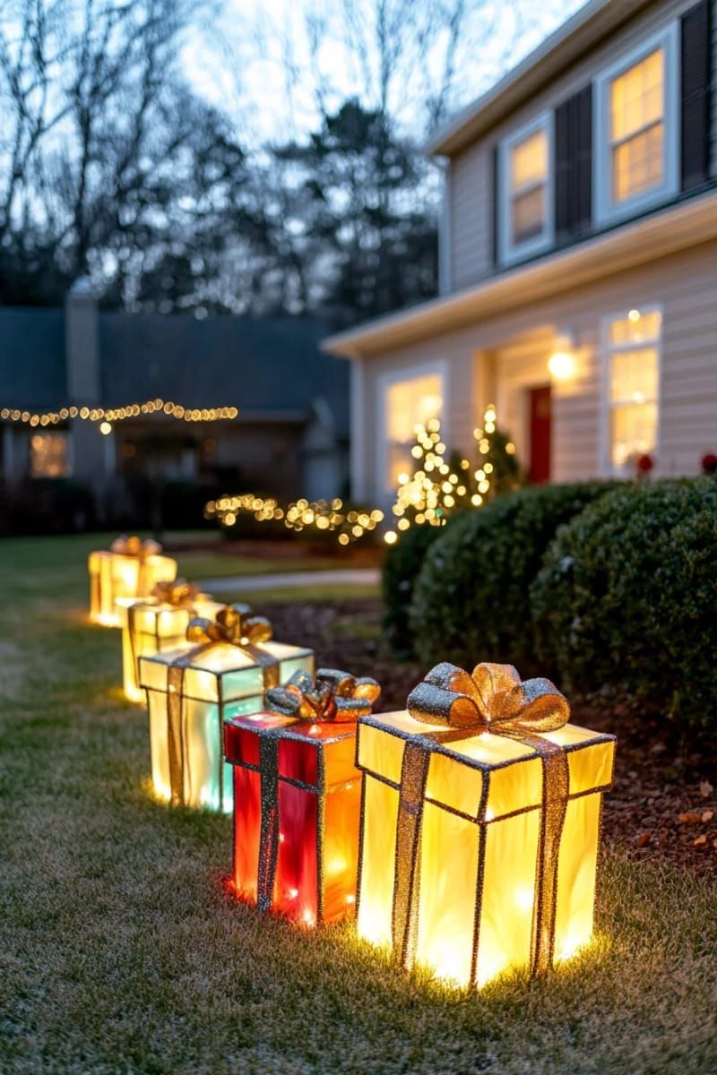 lit-up gift box sculptures scattered across the front yard 1
