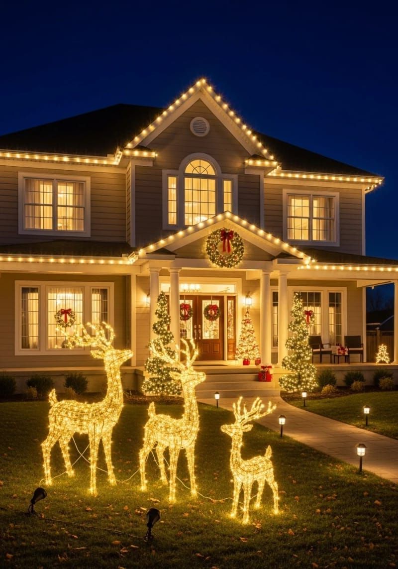 glowing golden reindeer family illuminated by fairy lights on the front lawn 1