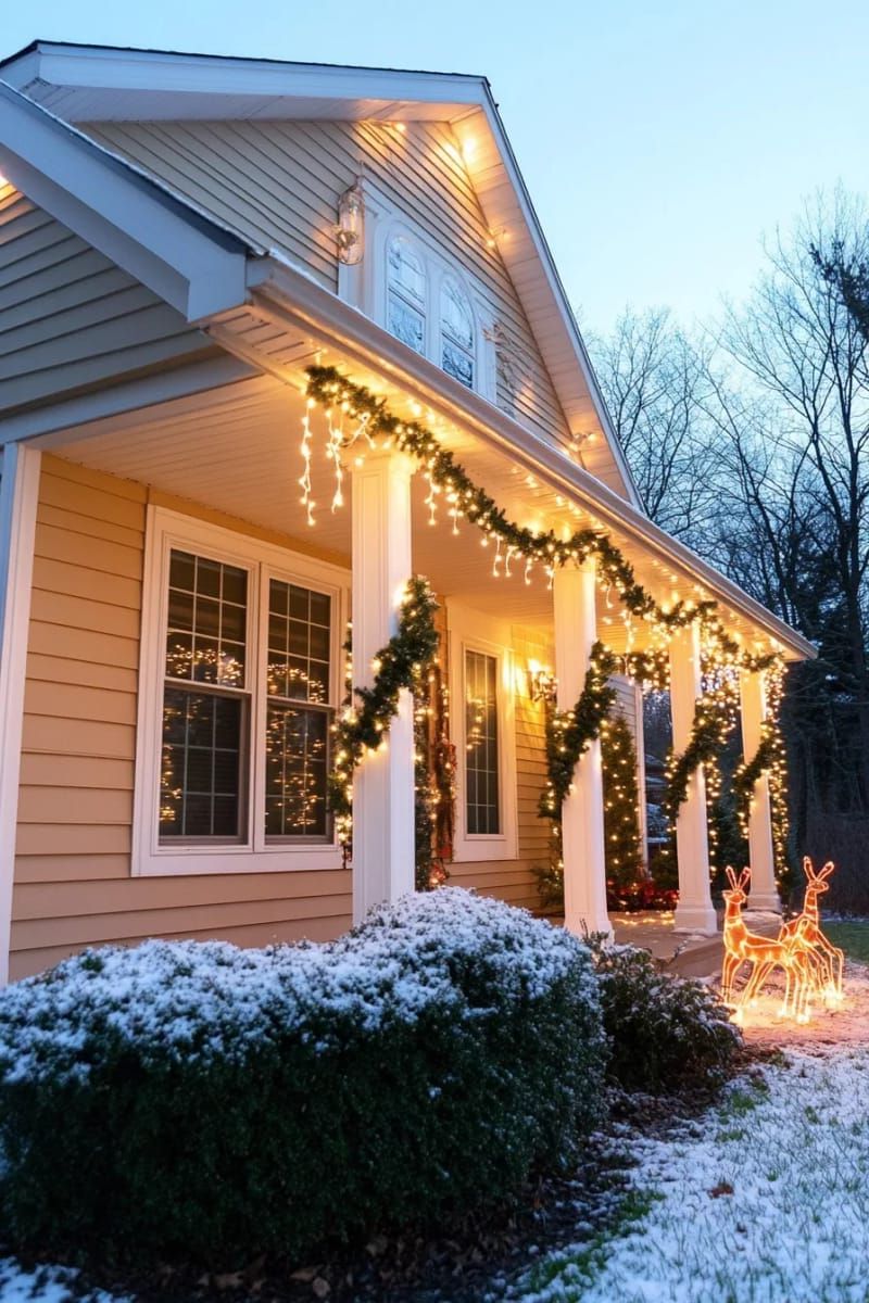 icicle string lights draping from rooflines and porch eaves 1