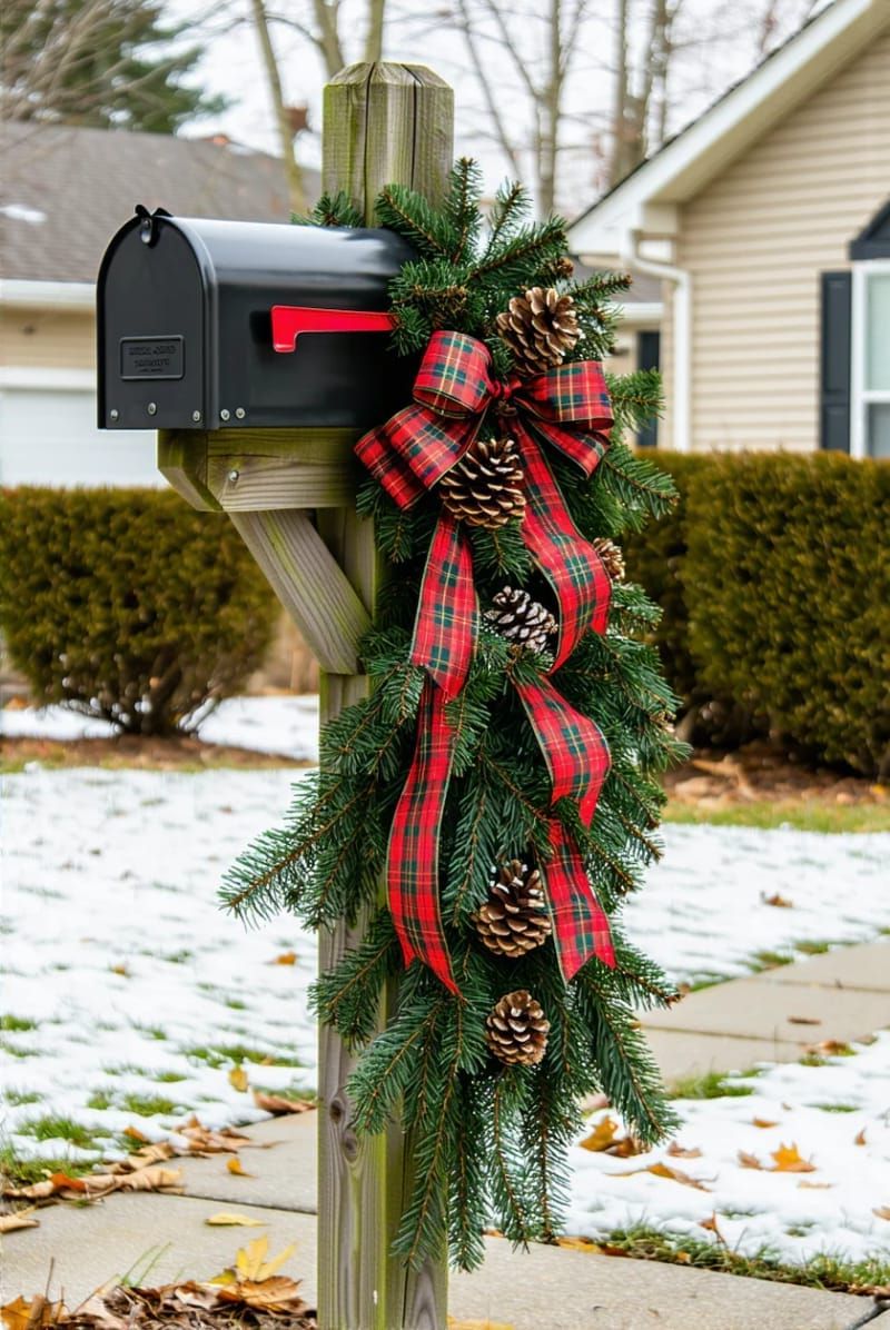festive mailbox swags with plaid ribbon and pinecones 1
