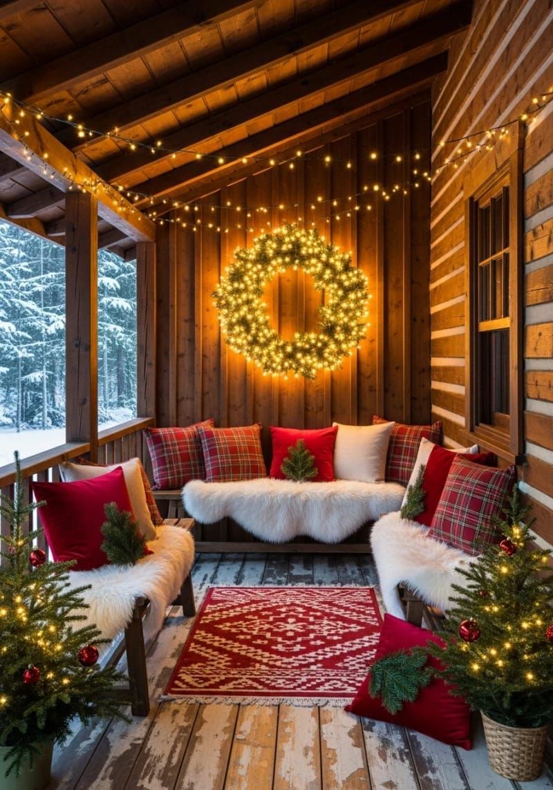 cozy plaid throw pillows with pine sprigs on porch benches 1