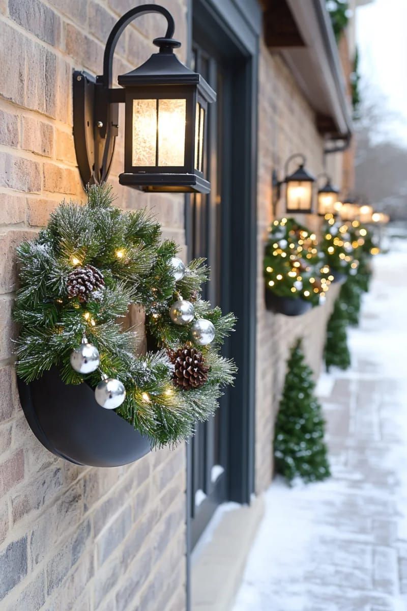 snow-dusted wreaths with bells hanging from outdoor lanterns 1