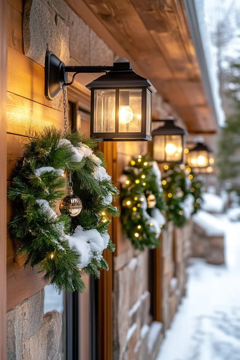 snow-dusted wreaths with bells hanging from outdoor lanterns 1