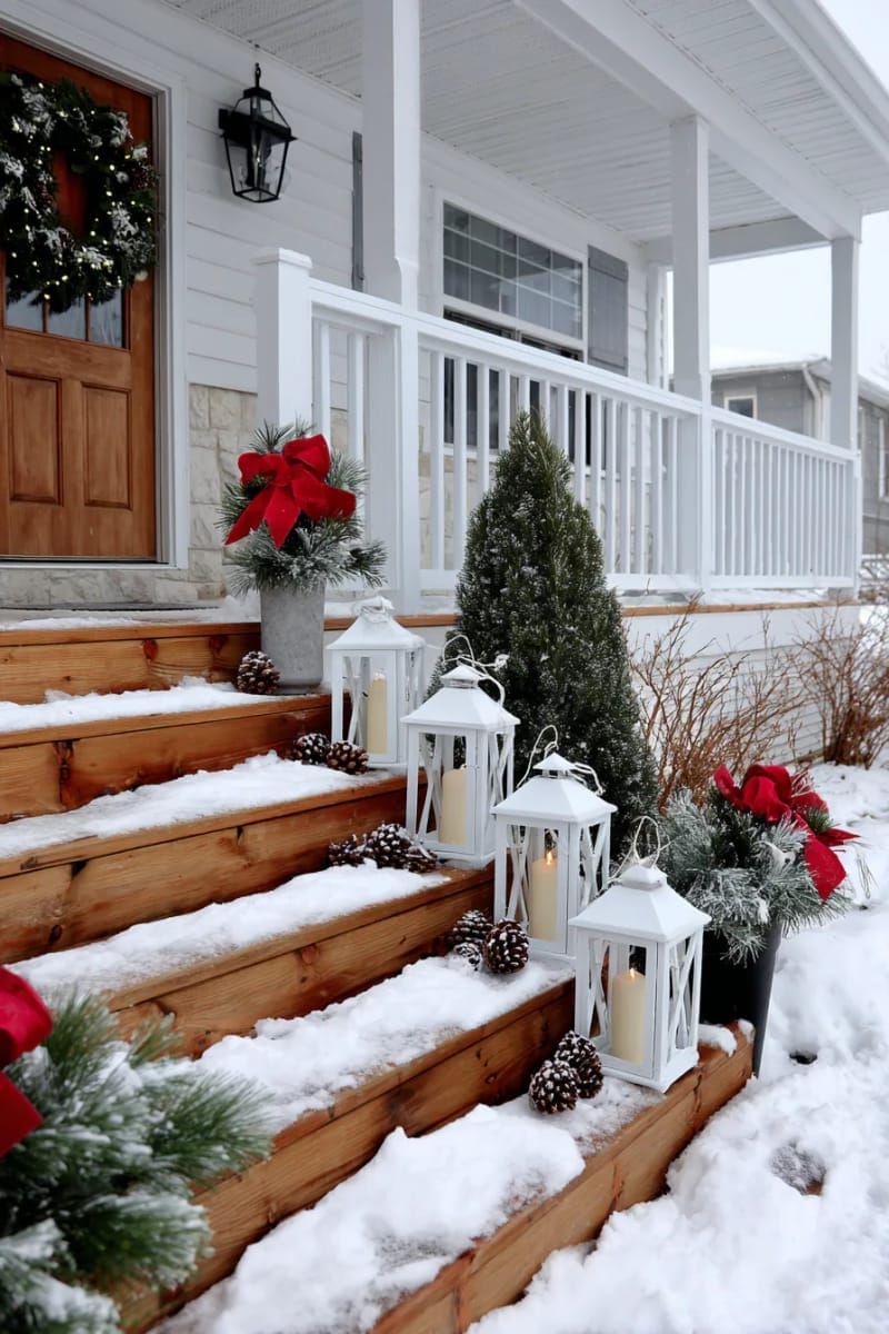 candlelit lanterns surrounded by frosted ornaments on wooden steps 1
