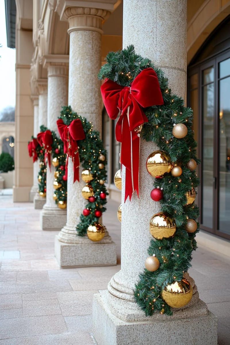 garland-wrapped pillars with gold baubles and red bows 1