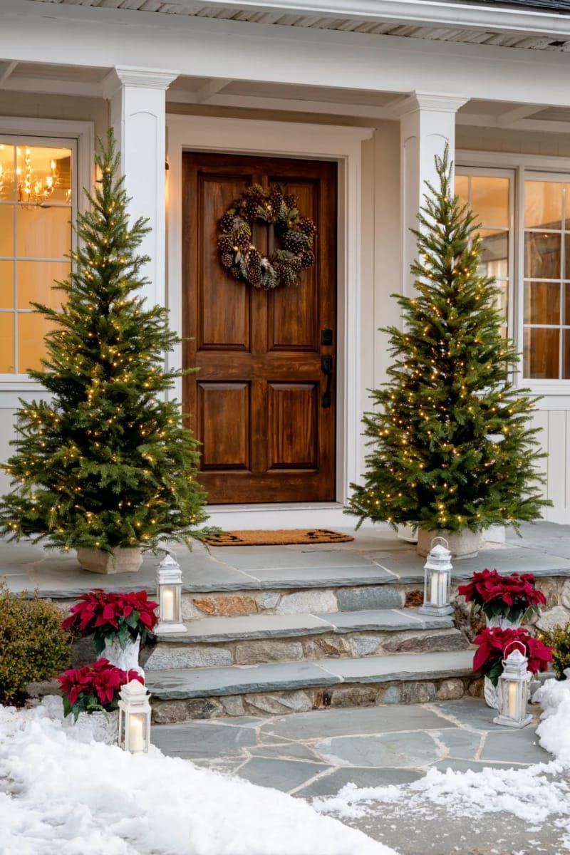 symmetrical pre-lit fir trees flanking the front door 1