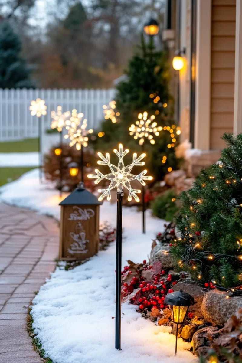 solar-powered snowflake pathway markers guiding guests 1