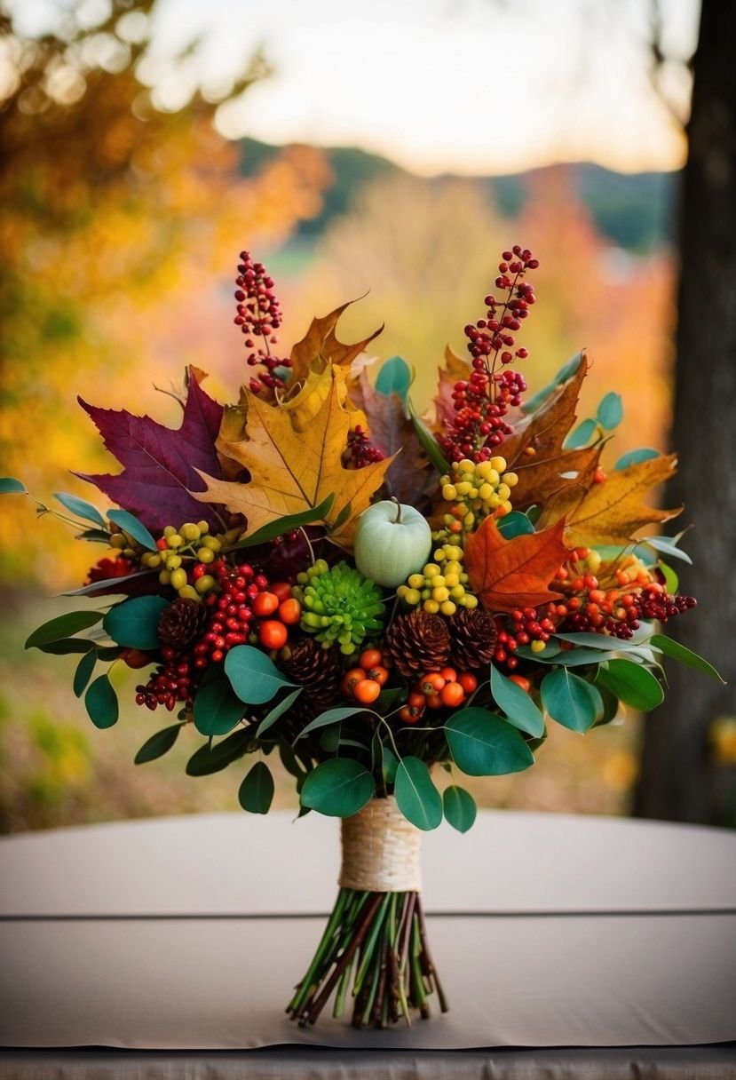 A rustic bouquet with vibrant autumn leaves and berries arranged on a head table