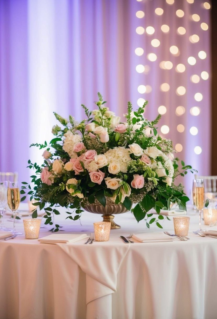 A beautifully arranged bouquet of flowers sits atop the elegantly decorated head table at a wedding reception