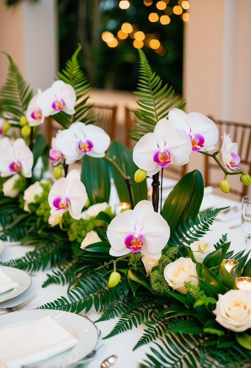 A lush arrangement of tropical orchids and ferns adorns the head table at a wedding