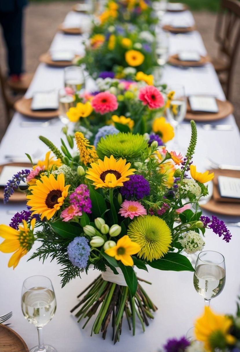 A vibrant array of wildflowers arranged in lush bouquets for a spring wedding table centerpiece