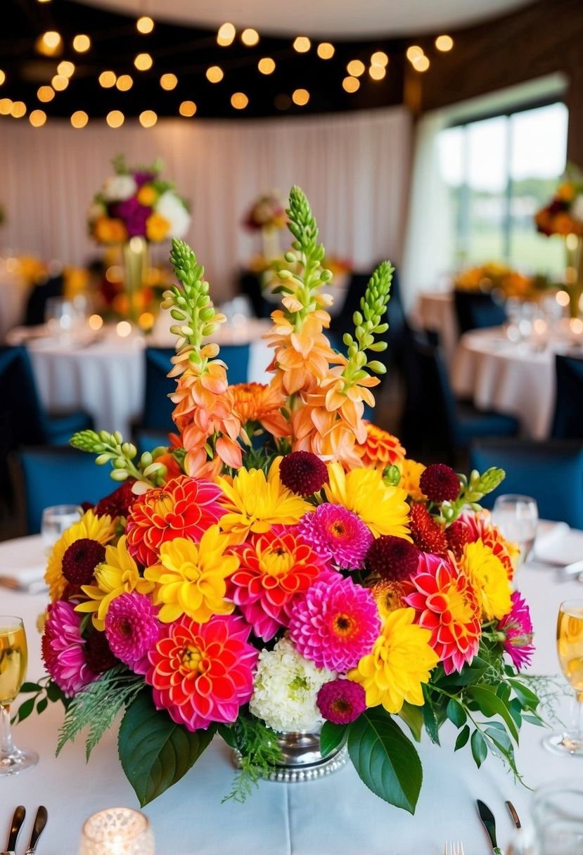 A colorful centerpiece bouquet featuring vibrant dahlias and mums, arranged on a head table at a wedding reception