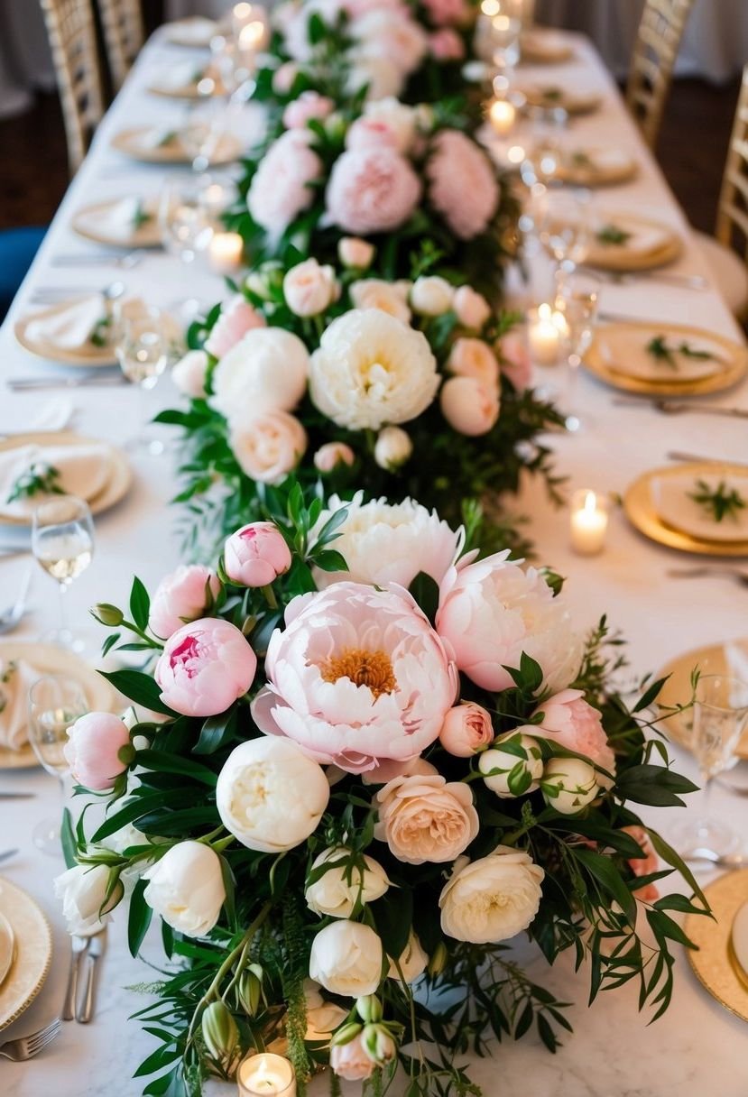 A lush bouquet of peonies and roses cascades down the head table, creating a romantic and elegant centerpiece for a wedding celebration