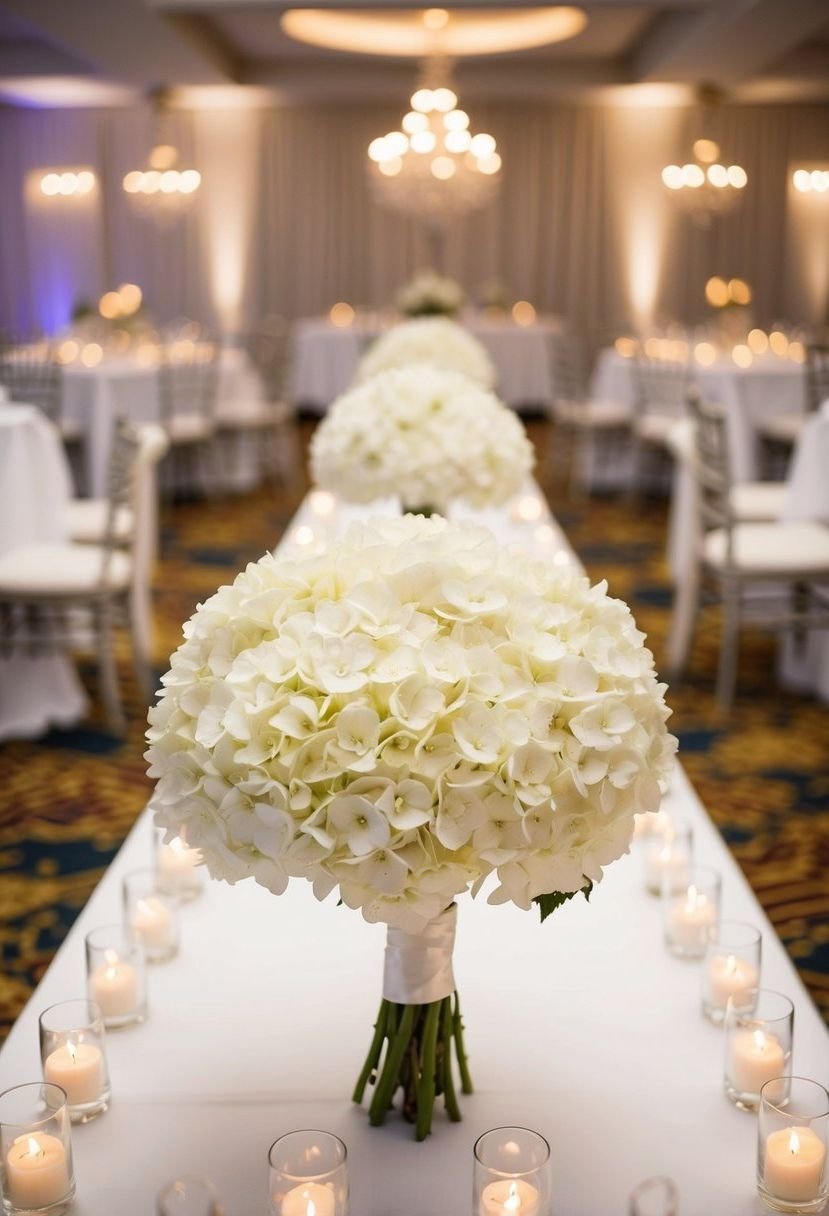 A long, elegant white hydrangea bouquet sits on a beautifully decorated head table at a wedding reception