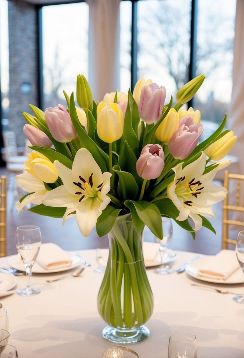 A soft pastel tulip and lily arrangement sits on a head table, creating a beautiful wedding bouquet idea