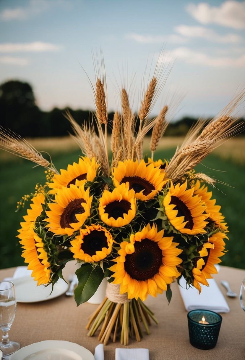 A bountiful bouquet of rustic sunflowers and golden wheat stalks arranged on a head table, creating a warm and inviting wedding centerpiece
