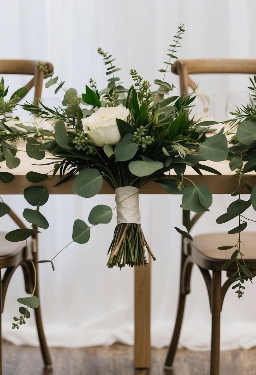 A simple, elegant bouquet of greenery and eucalyptus adorns a head table at a wedding, creating a minimalist and natural atmosphere