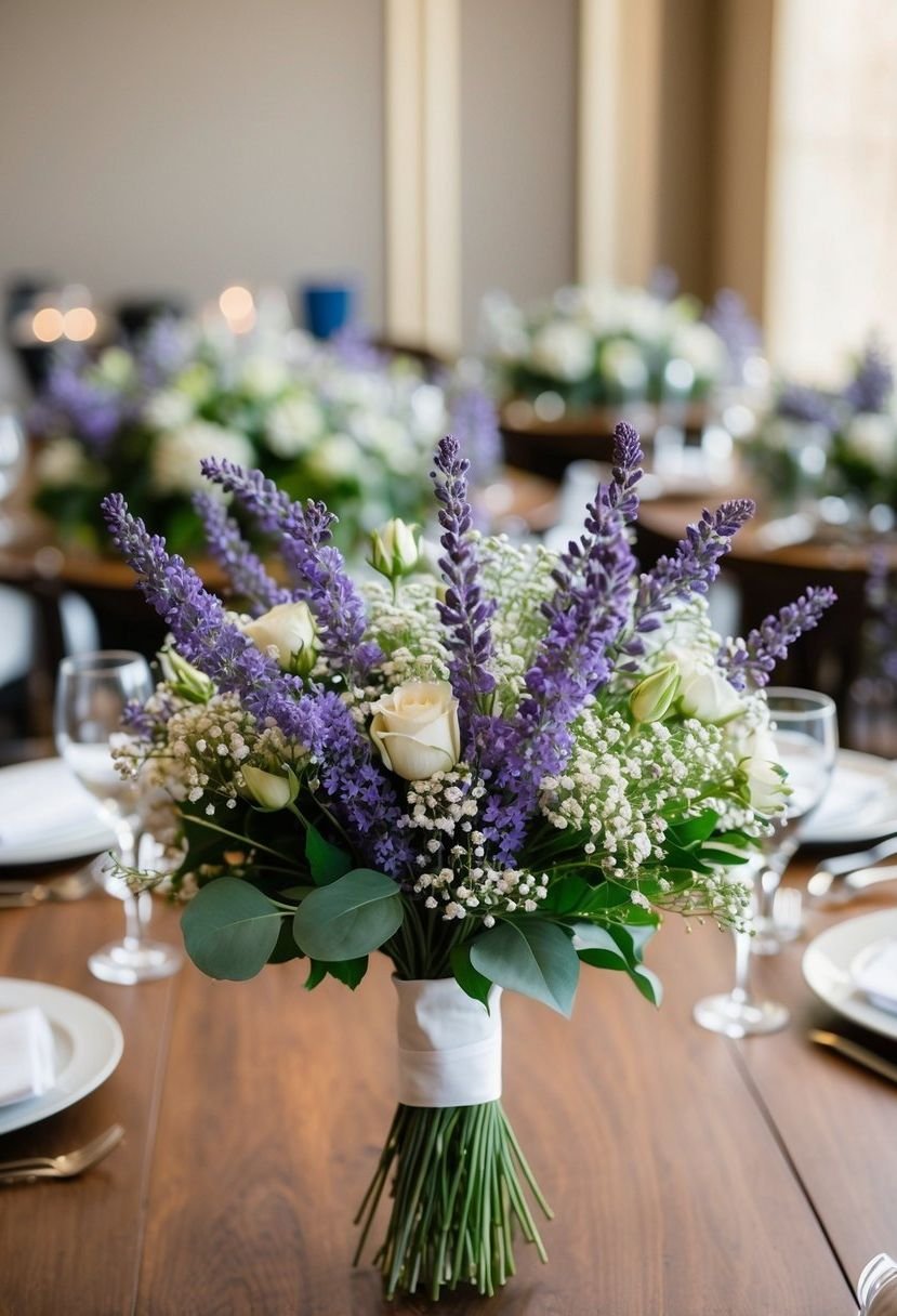A lush bouquet of lavender and baby's breath adorns a chic head table at a wedding