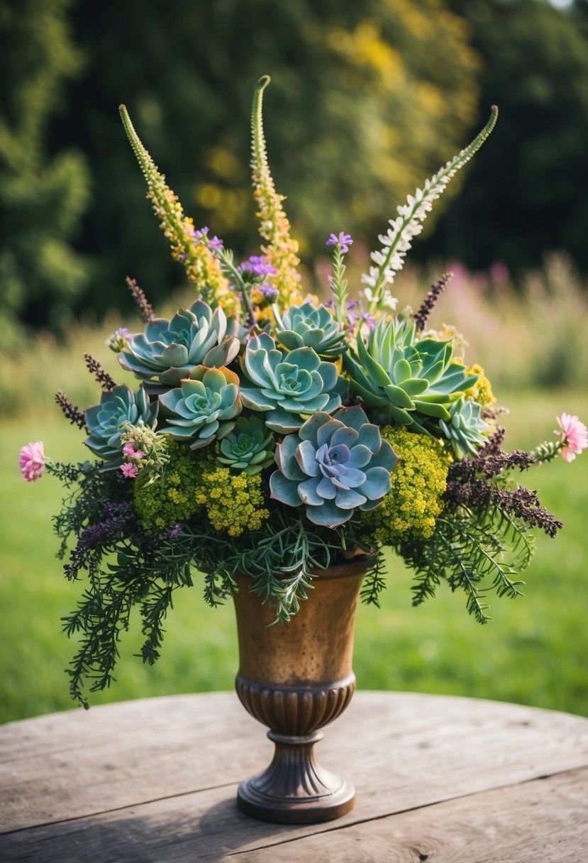 A lush, whimsical bouquet of succulents and wildflowers cascades from a vintage vase on a rustic wooden head table
