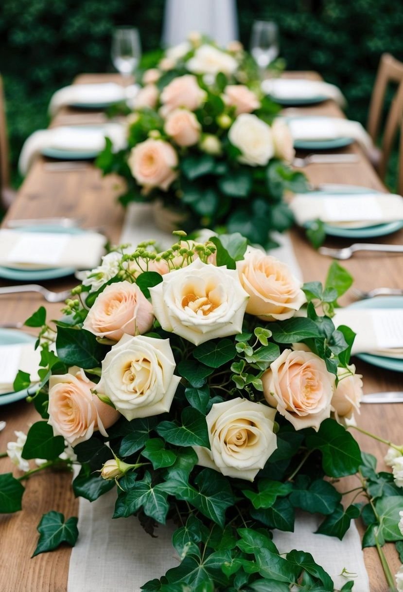 A lush bouquet of vintage garden roses and ivy adorns a rustic head table at a wedding