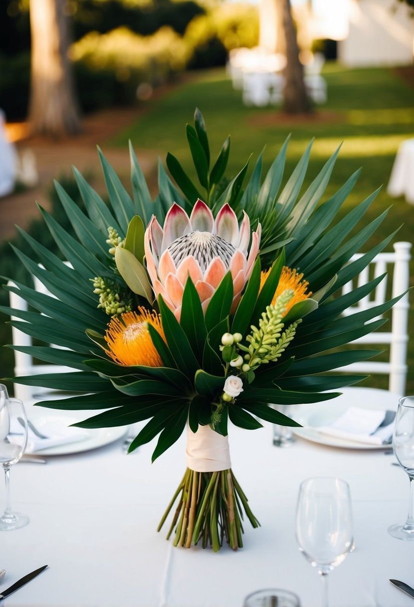 A vibrant bouquet of modern protea and palm leaves, arranged on a head table at a wedding