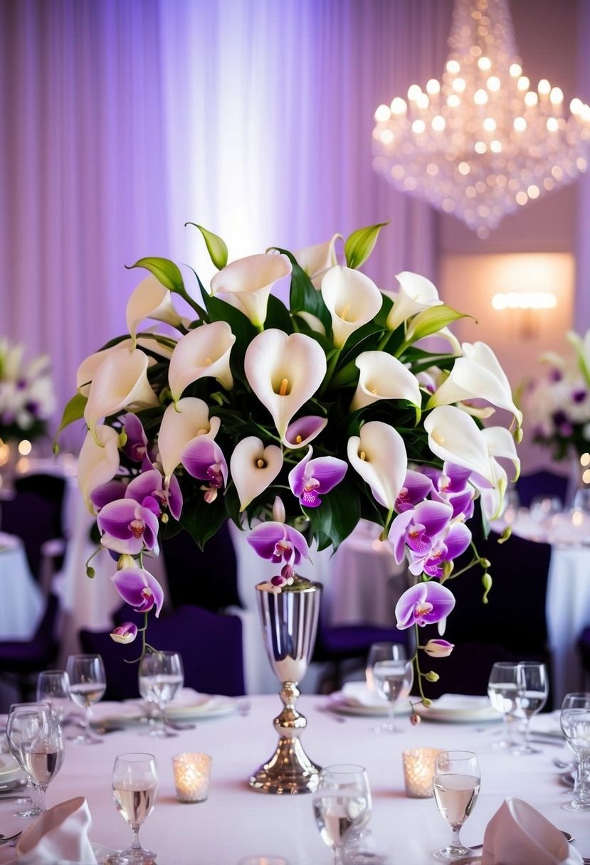 A grand head table bouquet with calla lilies and orchids in a luxurious fusion of white and purple