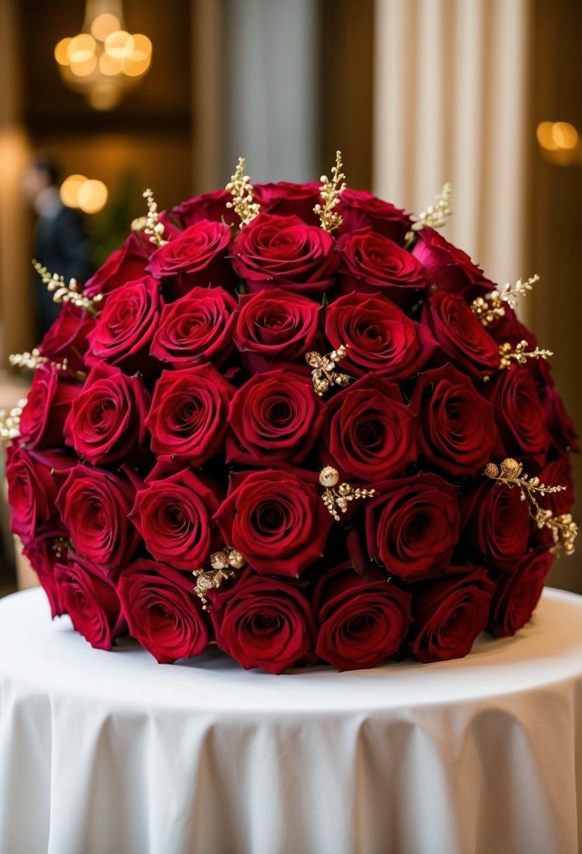 A lavish bouquet of classic red roses with delicate gold accents arranged on a head table