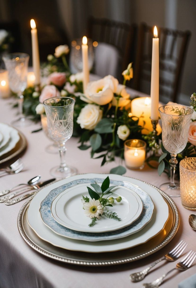 A family-style wedding table set with heirloom silverware and delicate china, adorned with floral centerpieces and soft candlelight