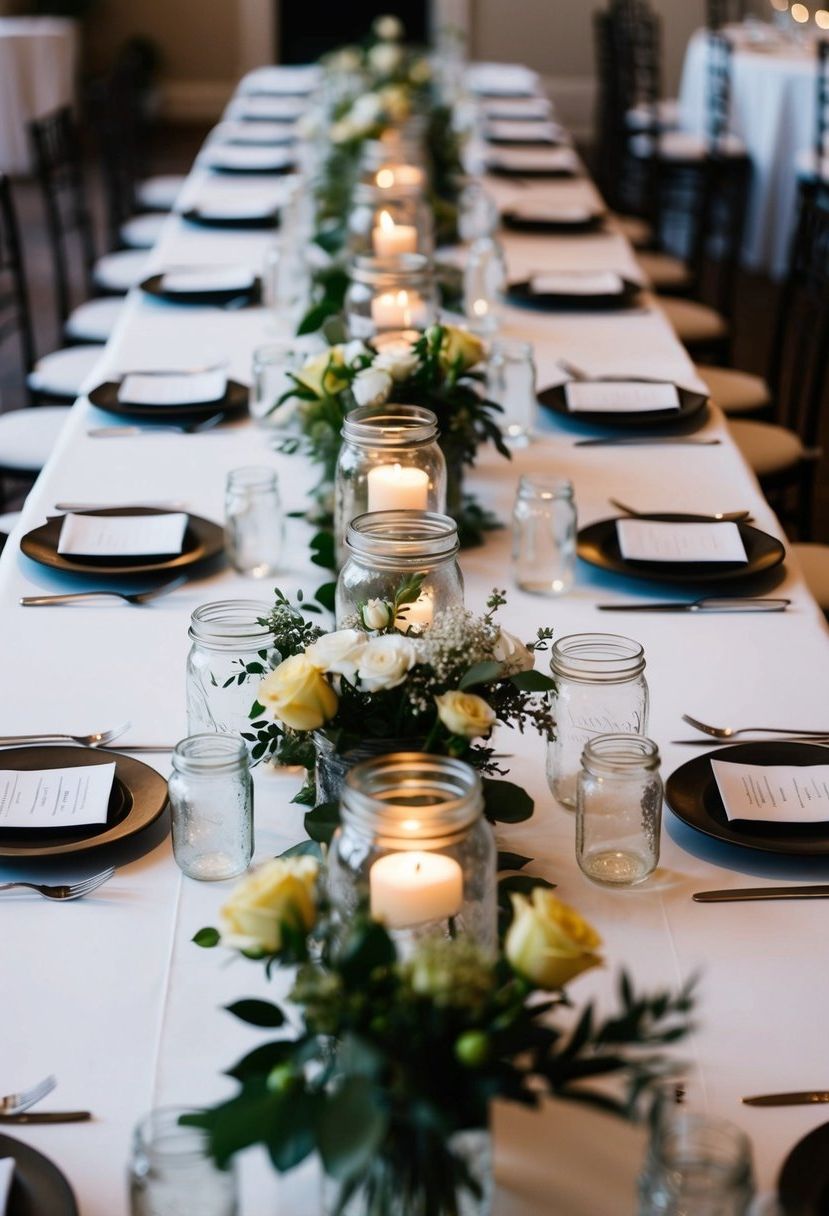 A long white linen table adorned with mason jar centerpieces, set in a family-style arrangement for a wedding celebration