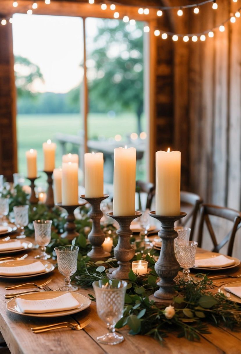 A wooden farm table adorned with antique candle holders, casting a soft glow for a family-style wedding reception