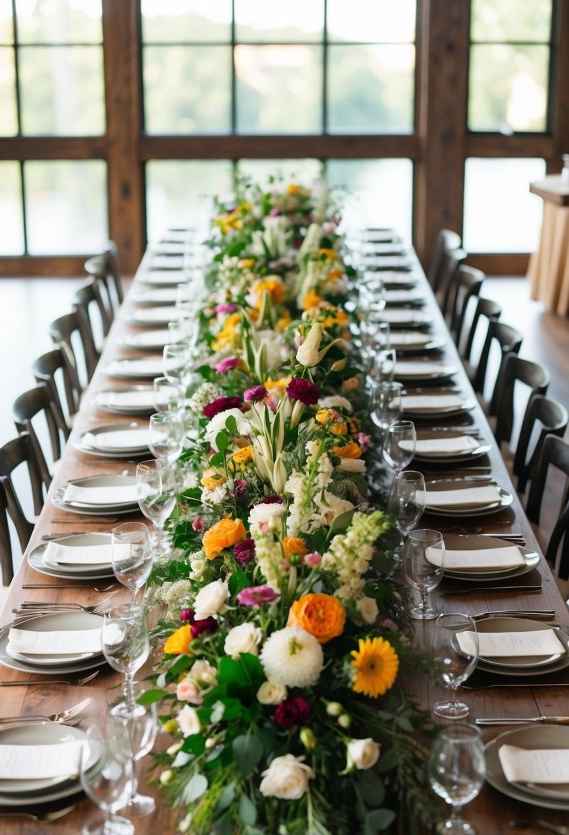 A long wooden table adorned with an abundance of fresh floral arrangements, featuring seasonal blooms in a family-style wedding setting