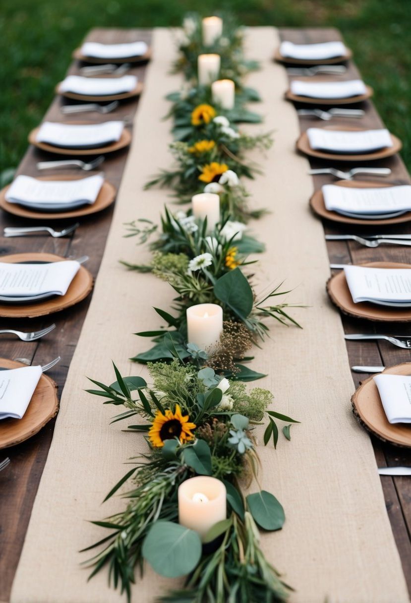 A rustic wooden table set with earthy fabric runners, adorned with natural elements like greenery and wildflowers for a family-style wedding