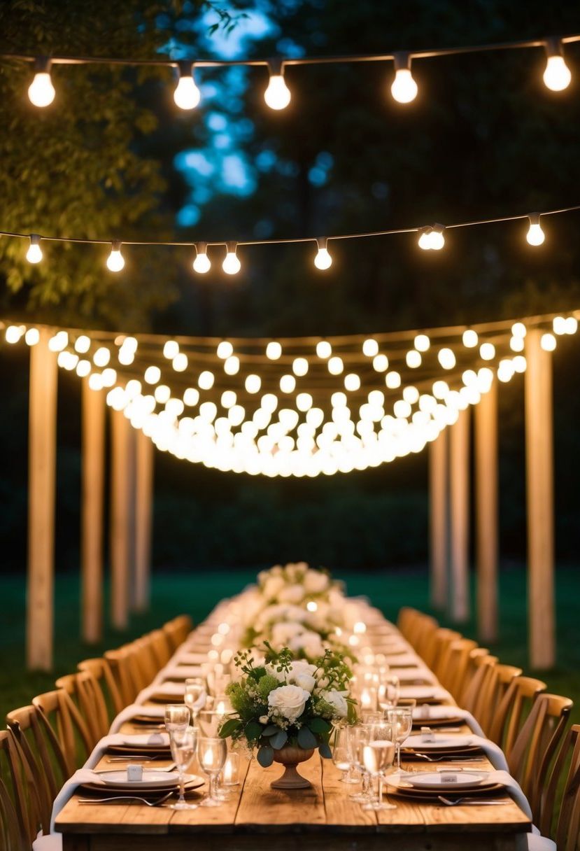 Overhead string lights cast a warm glow over a family-style wedding table