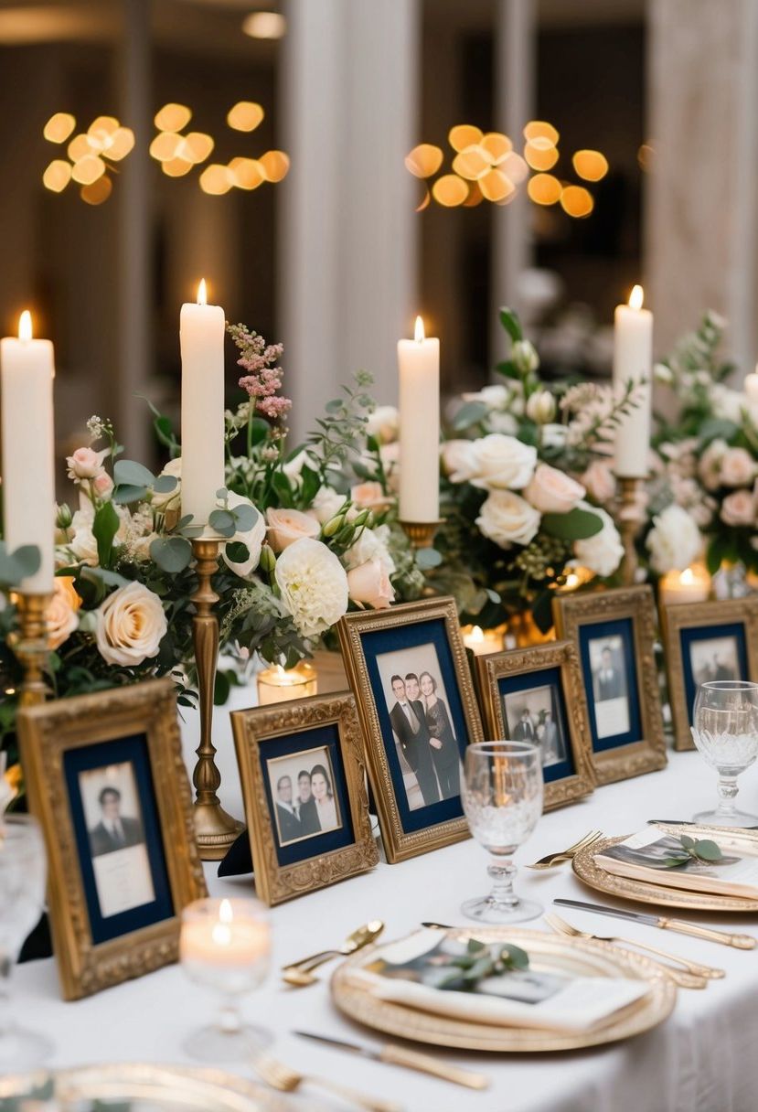 A table adorned with vintage family photos in decorative frames, surrounded by elegant floral arrangements and candlelight