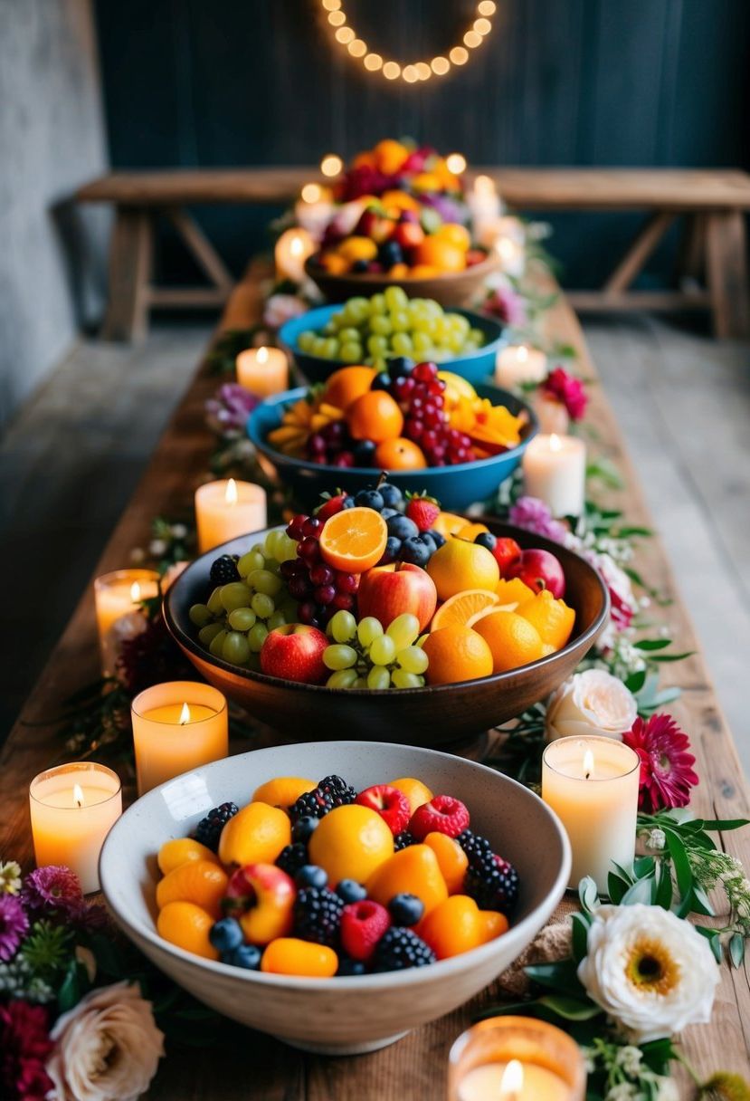 A large wooden table adorned with overflowing bowls of colorful mixed seasonal fruits, surrounded by rustic floral arrangements and flickering candles