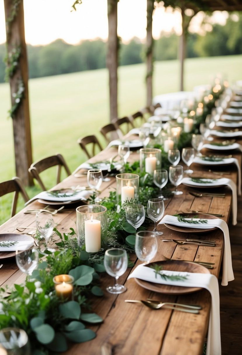 Rustic wooden tables adorned with greenery garlands for a family-style wedding