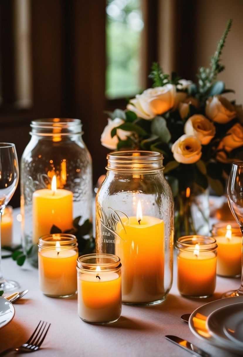 Glass jars with lit candles create warm ambiance on a family-style wedding table