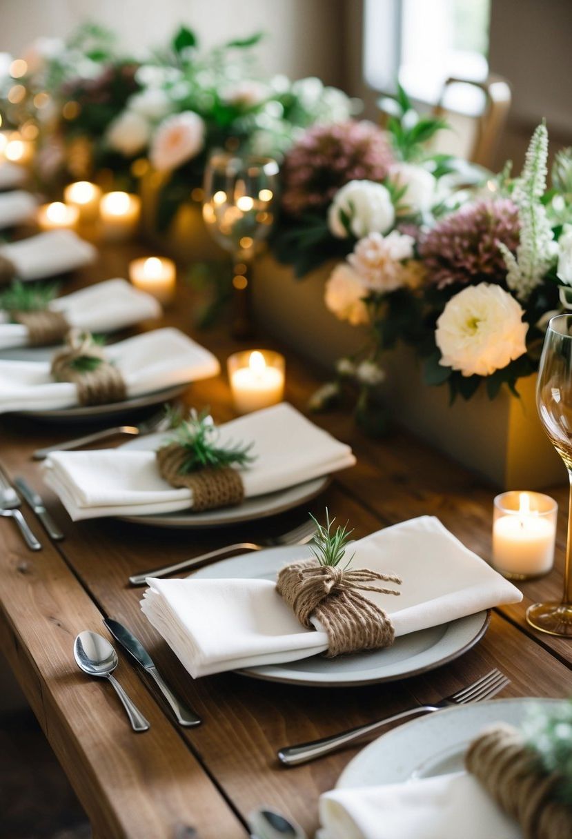 Twine-wrapped napkins arranged neatly on wooden table with soft candlelight and rustic floral centerpieces