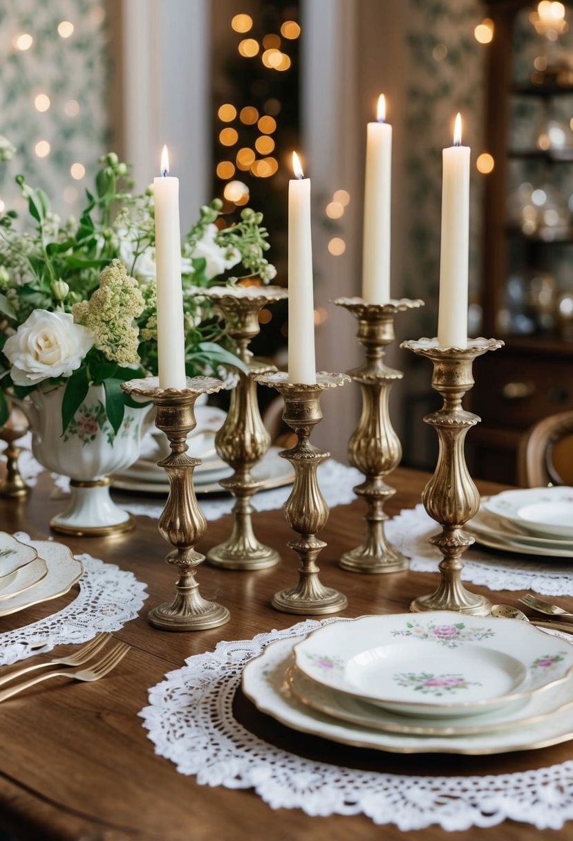 An elegant oak table adorned with vintage candlesticks, delicate lace doilies, and heirloom china tea sets