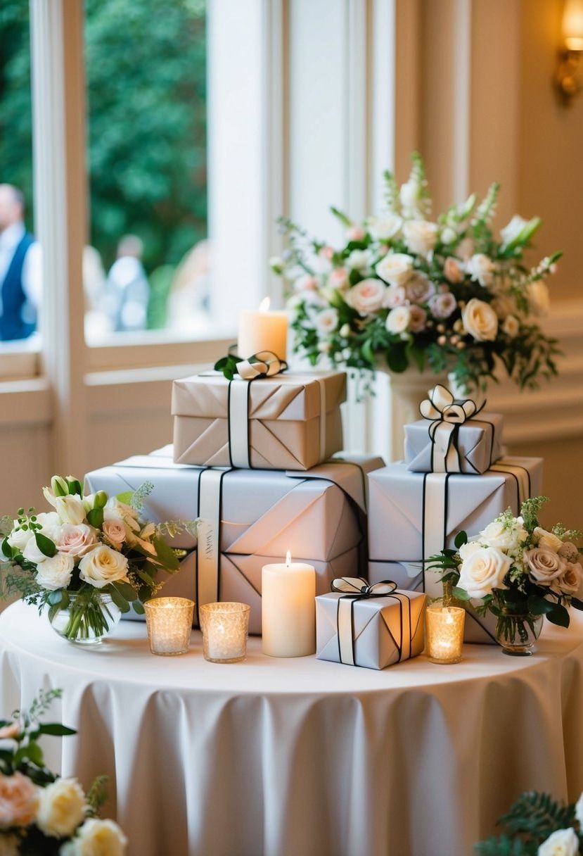A beautifully decorated gift table at a wedding, adorned with flowers, candles, and elegant wrapping