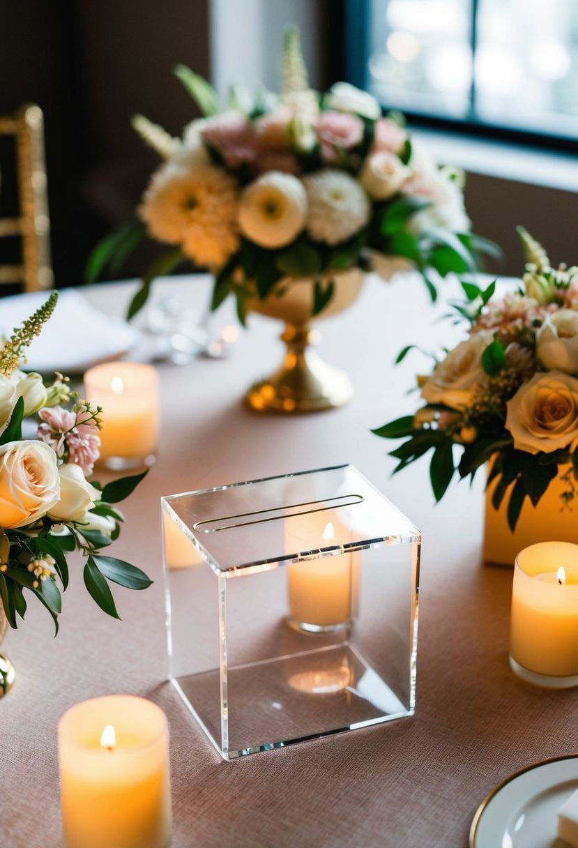 A clear acrylic card box sits on a decorated wedding gift table, surrounded by elegant floral arrangements and softly glowing candles