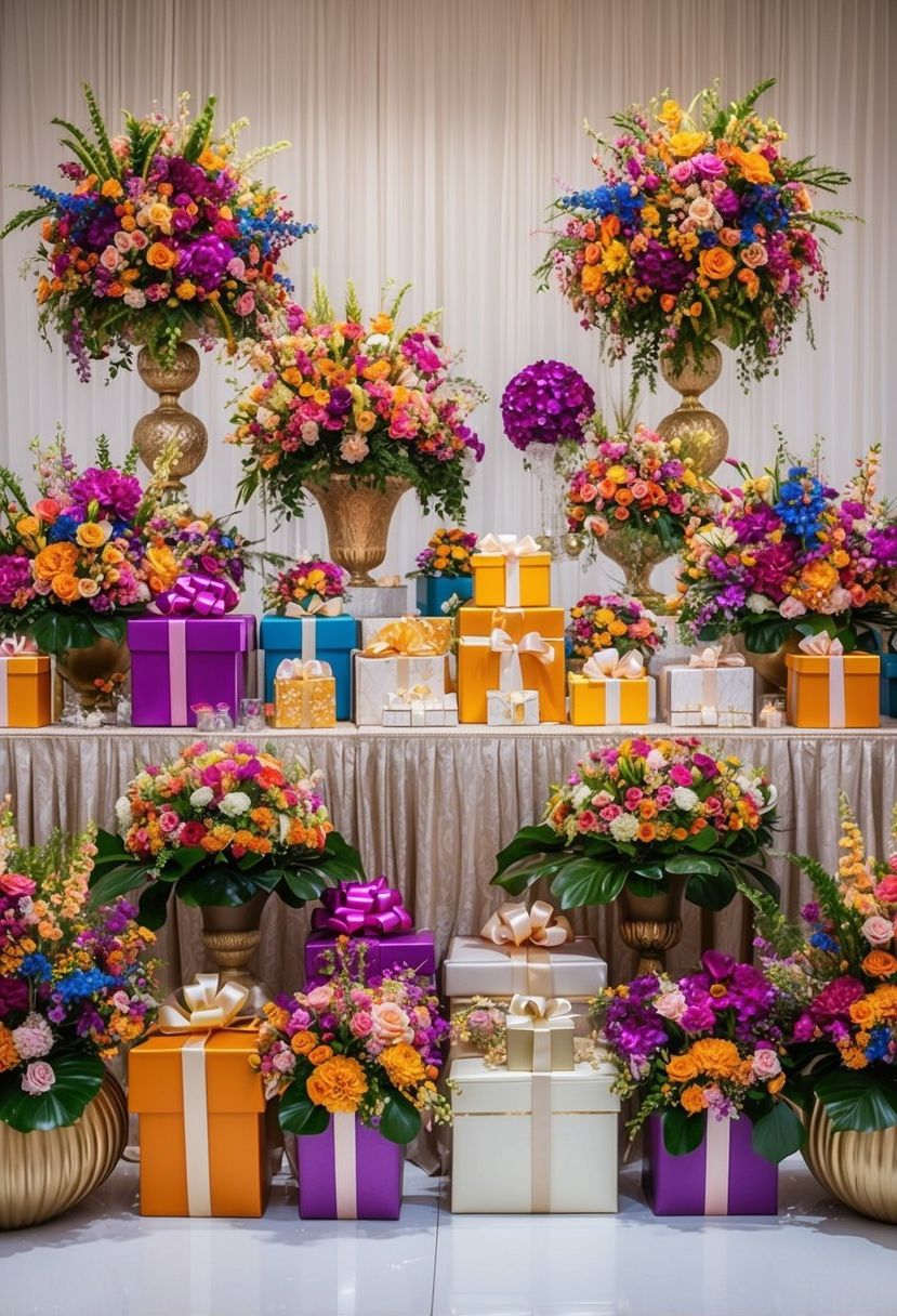 A lavish wedding gift table adorned with oversized, vibrant floral arrangements in a variety of colors and textures, creating a whimsical and extravagant display
