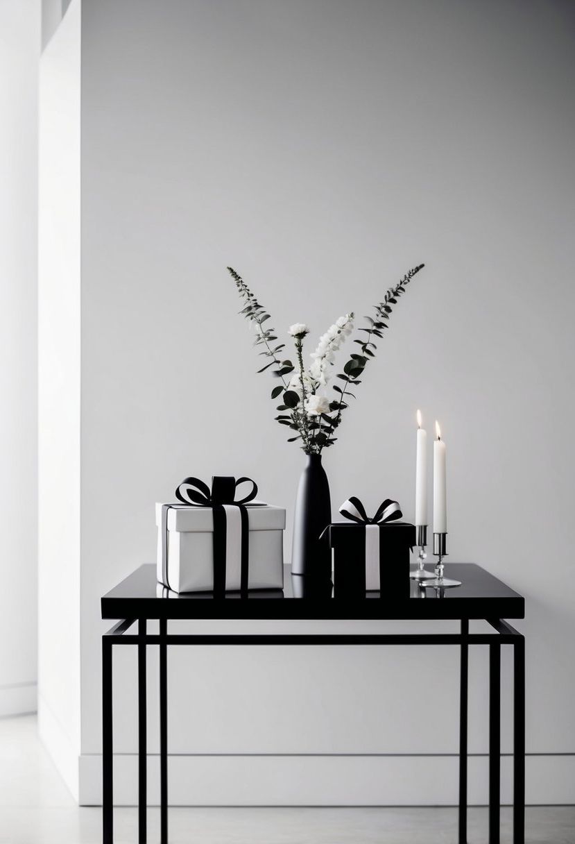 A sleek, uncluttered gift table with simple, elegant decor. A single vase of flowers and a few candles create a minimalist yet sophisticated look