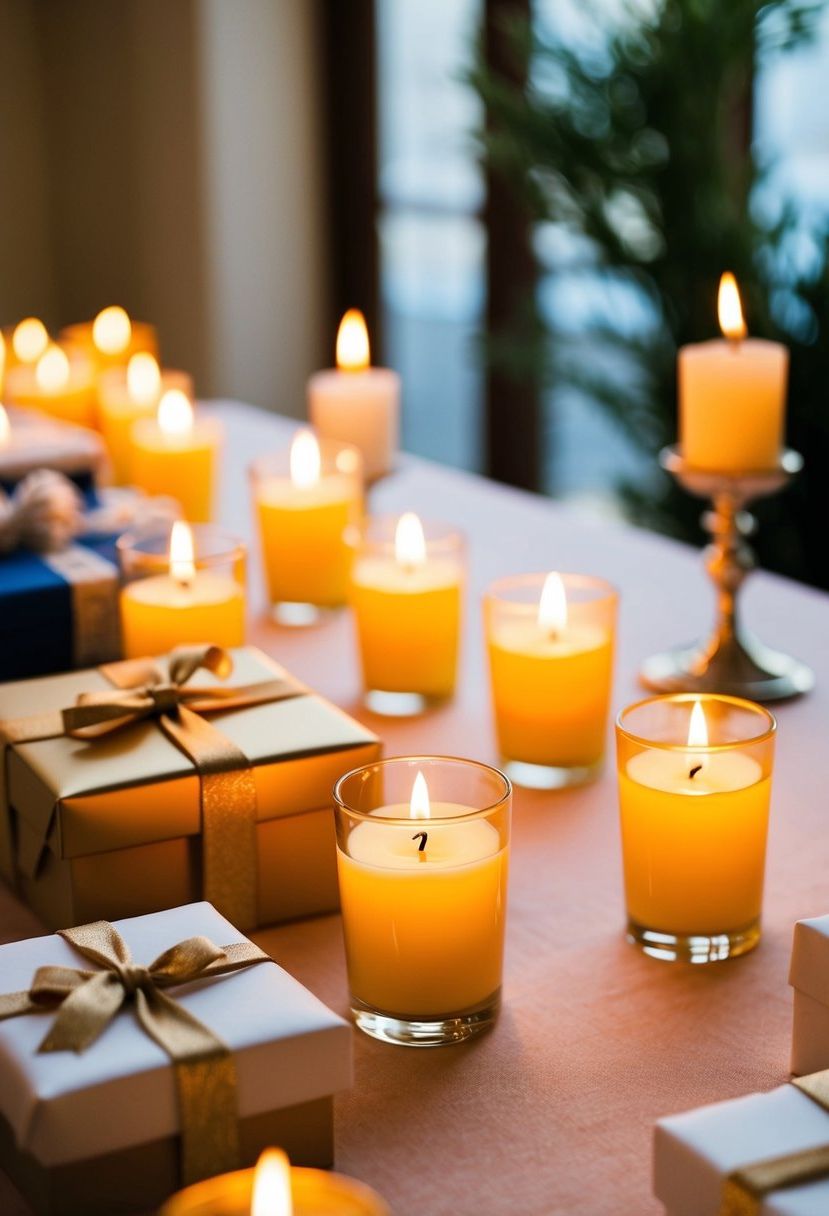 Votive candles illuminate a wedding gift table, casting a warm glow on elegant decor and thoughtful presents