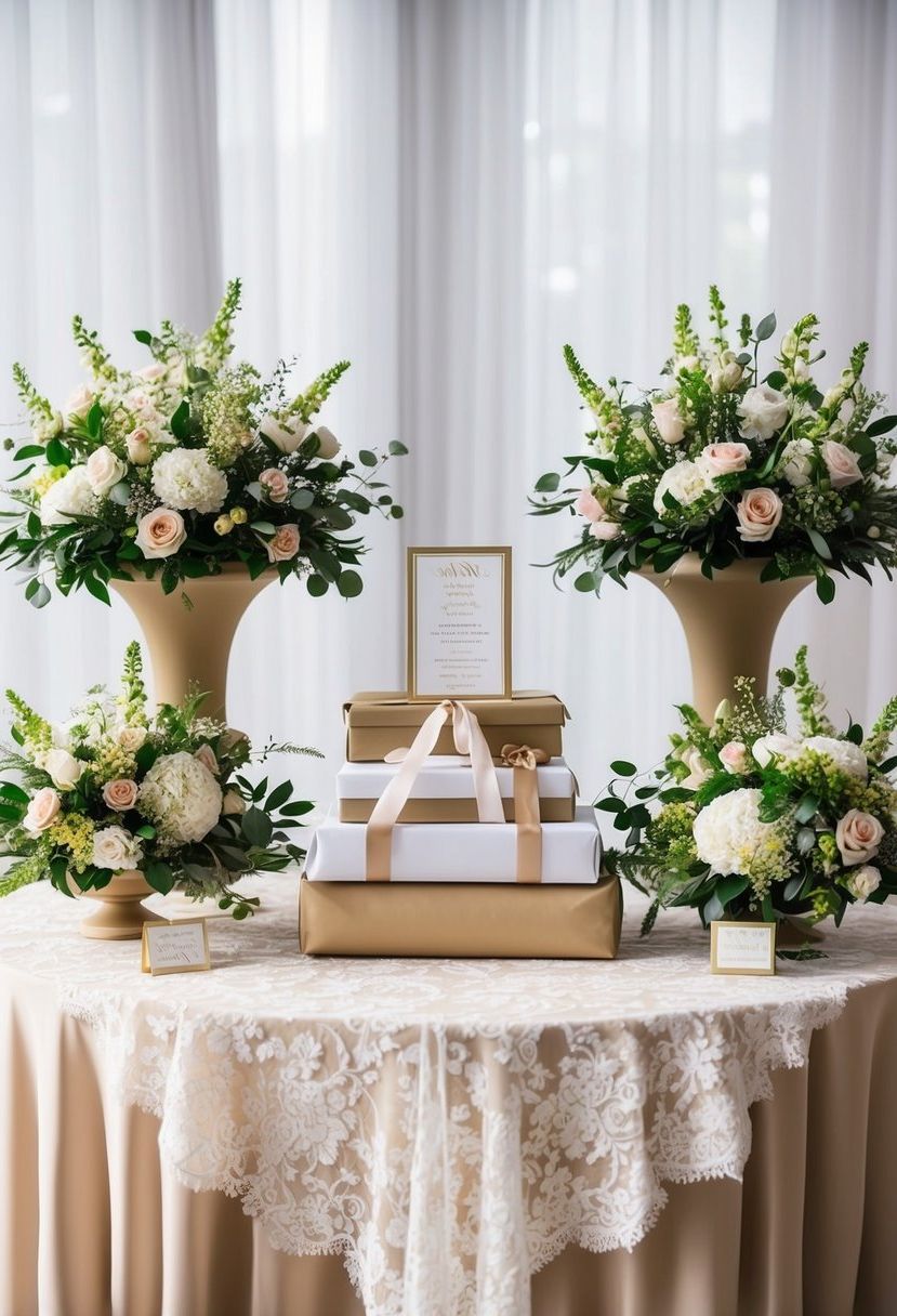 A table adorned with elegant floral arrangements, delicate lace tablecloth, and coordinating wedding colors. A stack of beautifully wrapped gifts and a sign indicating the purpose of the table