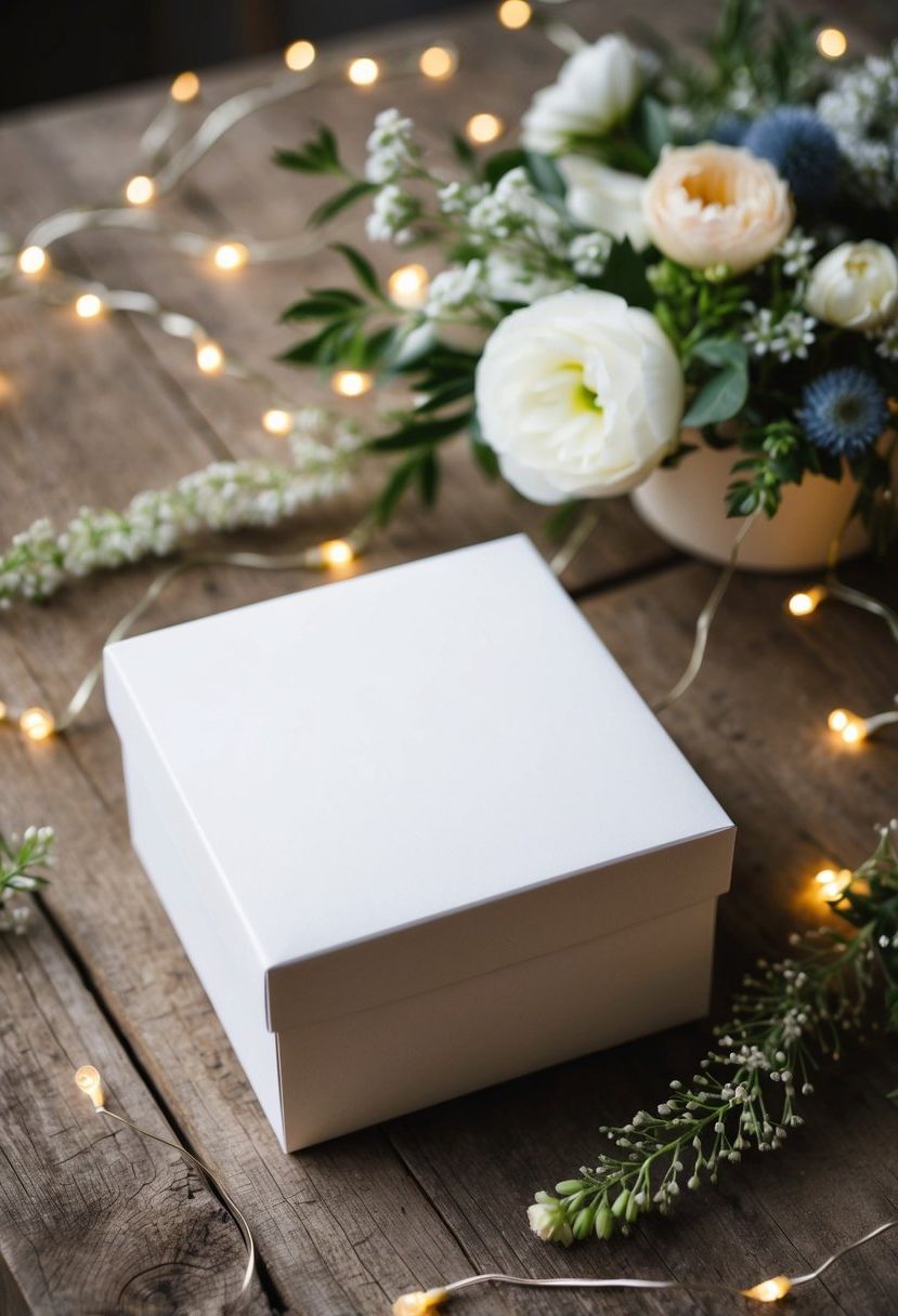 A simple white card box sits on a rustic wooden table, surrounded by delicate floral arrangements and twinkling fairy lights