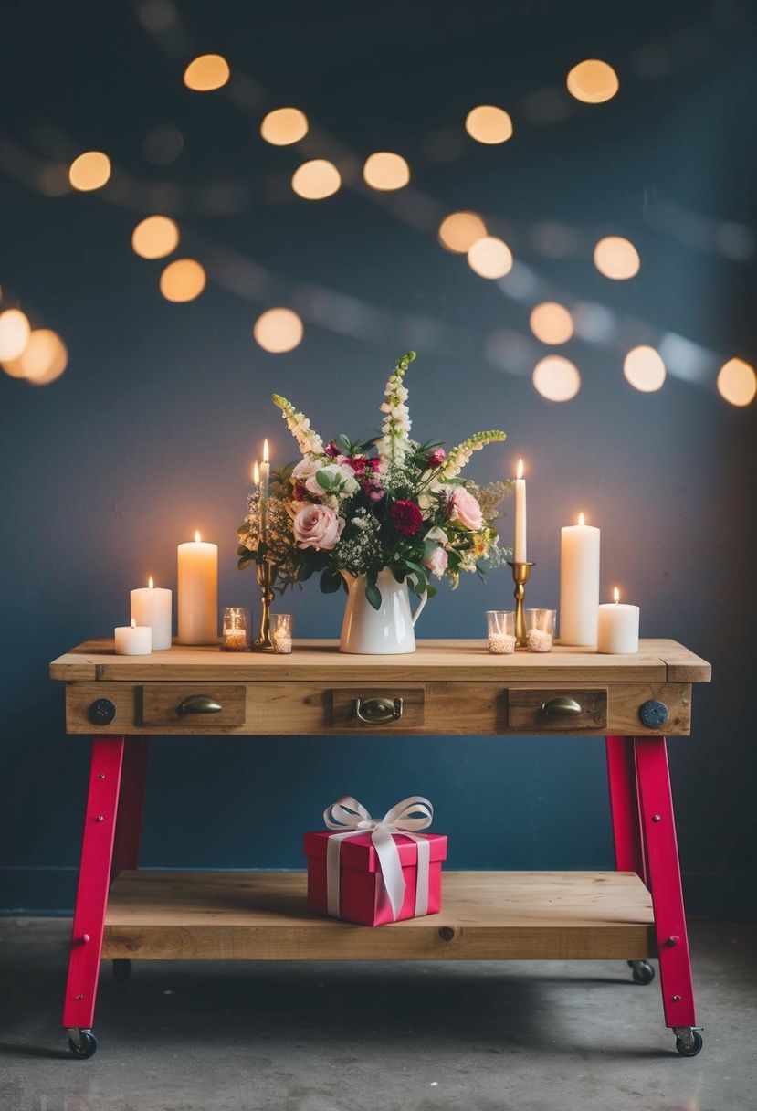 A refurbished workbench adorned with flowers and candles, serving as a unique wedding gift table