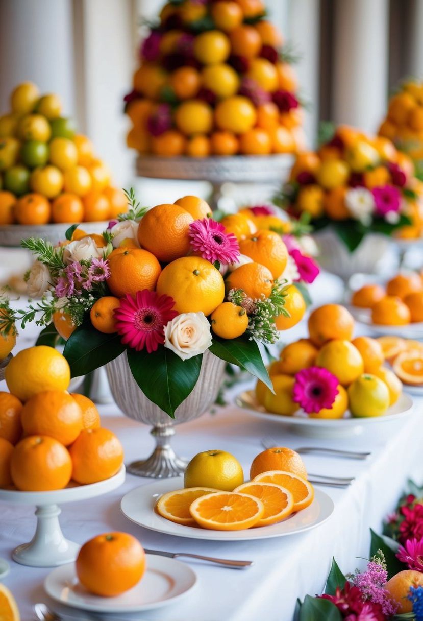 A vibrant display of citrus fruits and flowers arranged on a wedding table